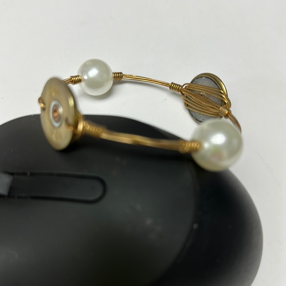 Bracelet with 2- 12 gauge shotgun shell crimp and 2 pearls